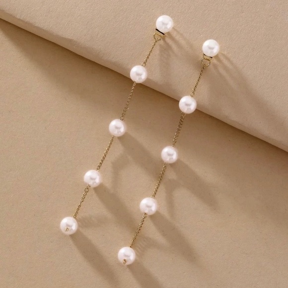 925 Sterling Silver Pearl Link Drop Stud Earrings - Picture 2 of 7